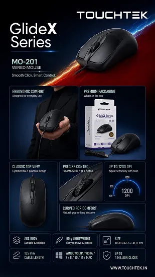 NEW TOUCHTEK GLIDE- X SERIES WIRED MOUSE MO- 201 PREMIUM QUALITY 1 YEAR WARRANTY